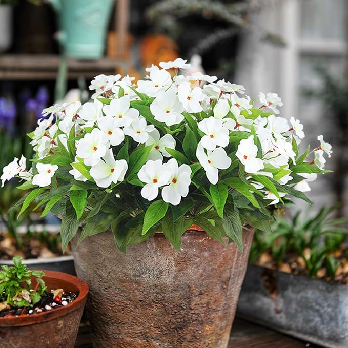 CITYES 4 Pcs Artificial Flowers Outdoor Impatiens UV Resistant Silk Impatiens Flowers White Faux Flowers Impatiens Bushes Artificial Impatiens for Pot Patio Lawn Garden Hanging Basket Porch Decor