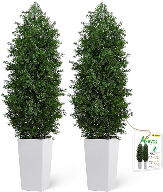 Aveyas 5ft Artificial Cedar Topiary Trees, 5 ft Faux Potted Plants Evergreen Fake Pine Cypress Tree for Outdoor Porch Home Outside Door Decor (5 Feet Tall Including Raised Pot) - Set of 2 Pack