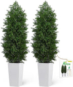 Aveyas 5ft Artificial Cedar Topiary Trees, 5 ft Faux Potted Plants Evergreen Fake Pine Cypress Tree for Outdoor Porch Home Outside Door Decor (5 Feet Tall Including Raised Pot) - Set of 2 Pack