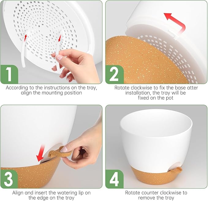 ZMTECH 12Inch 2Pcs Plant Pot Planter for Indoor Plants Self Watering Pot Flower Pot with Drainage Holes and Saucer for Outdoor Plants(White with Brown)