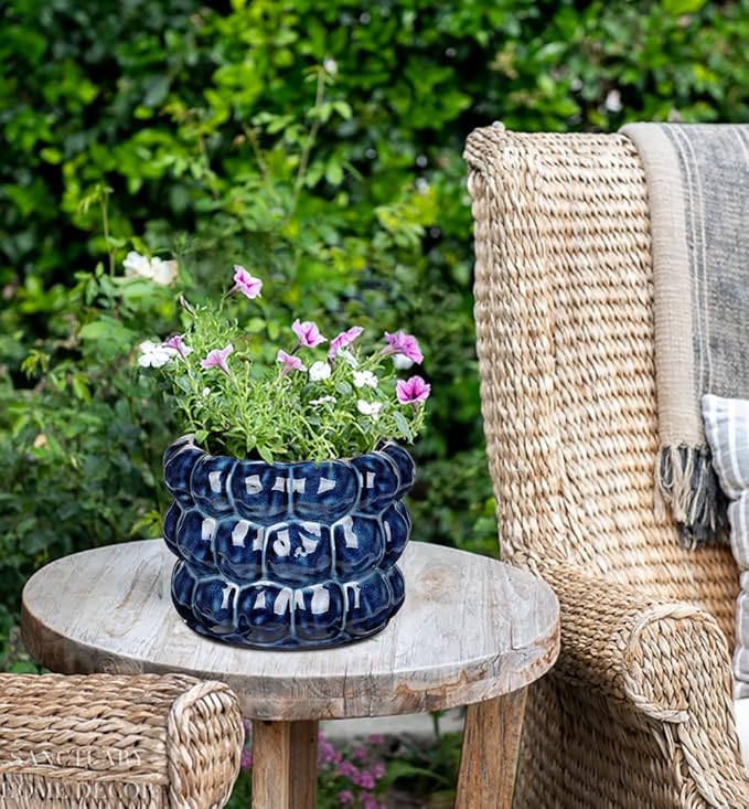 7.5 Inch Ceramic Planter Pot for Indoor Plants with Drainage Hole Bubble Flower Planter Hobnail Plant Pot Garden Planter Blue Succulent Plant Pot Utensil Holder