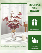 Velener Faux Eucalyptus Stems in Vase with Faux Water, Fake Plants Artificial Eucalyptus Plant for Home Decor, Kitchen Bathroom Farmhouse Living Room Coffee Table Faux Centerpieces for Tables (Red)