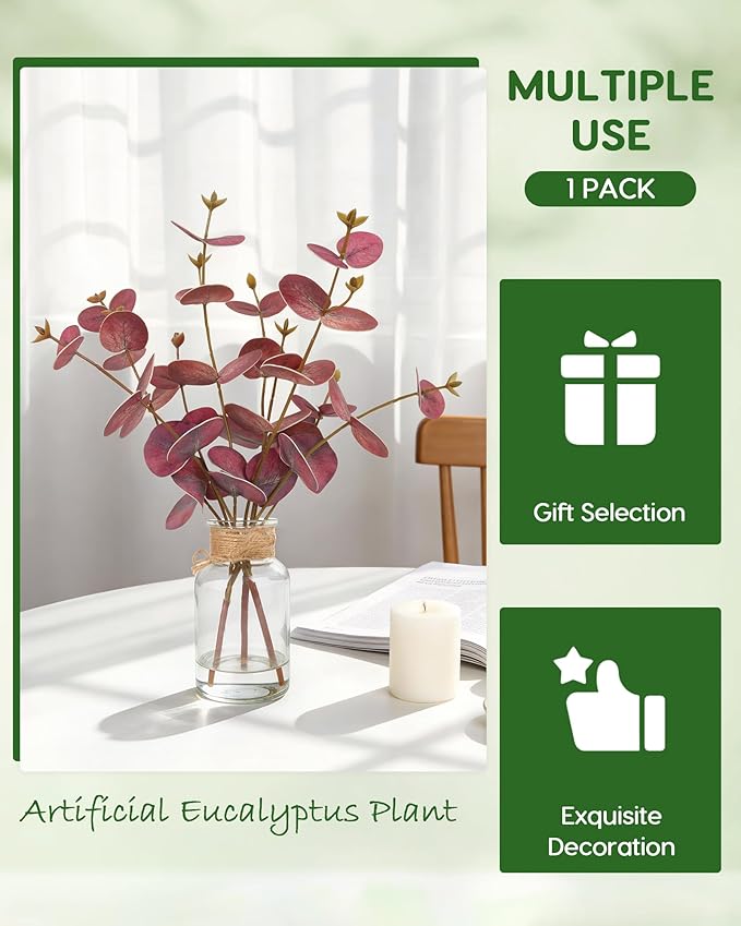 Velener Faux Eucalyptus Stems in Vase with Faux Water, Fake Plants Artificial Eucalyptus Plant for Home Decor, Kitchen Bathroom Farmhouse Living Room Coffee Table Faux Centerpieces for Tables (Red)