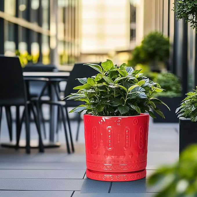 12 Inch Pots for Plants, Ceramic Pots for Plants Indoor Outdoor, Round Flower Pot with Drainage Holes and Saucers, Modern Decorative Planter, Home Porch Decor, Gardening Gifts, Red