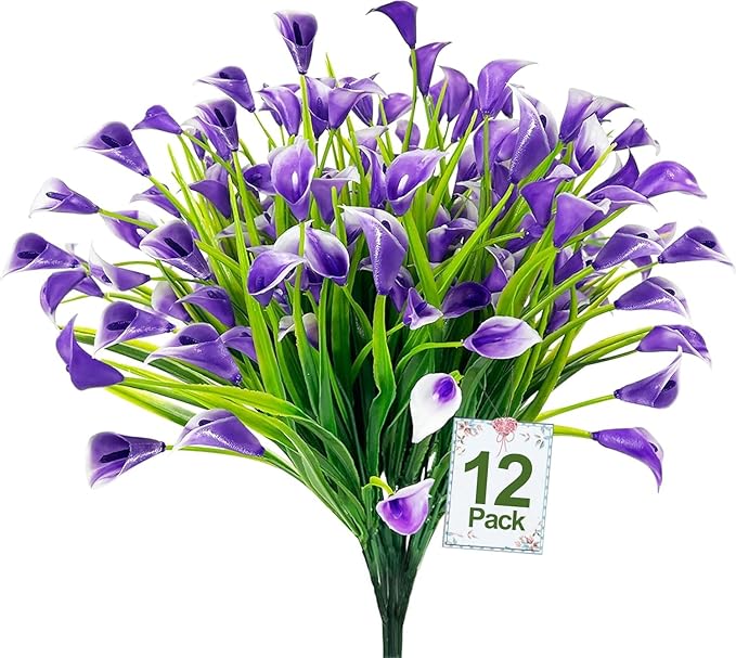 TURNMEON 12 Bundles Calla Lily (240 Heads) Artificial Flowers for Outdoors, Fake Plants UV Resistant Faux Plastic Fake Flowers for Indoor Planter Home Porch Yards Spring Summer Cemetery Decor(Purple)