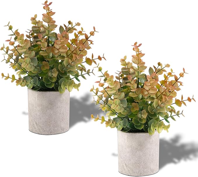 2 Pack Small Fake Plants Eucalyptus Potted Artificial Plants for Shelf Desk Home Bathroom Farmhouse Room Coffee Table Decor Fall Decor (Yellow)