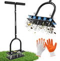 Sakerplus Aerator Lawn Tool, Hand Metal Spike Lawn Aerator with Rebounce Spring Base, Automatic Leaf and Dirt Cleaning, Grass Aerator for Lawn Care, Soil Loosening, Yard Aerating (Black Handle)