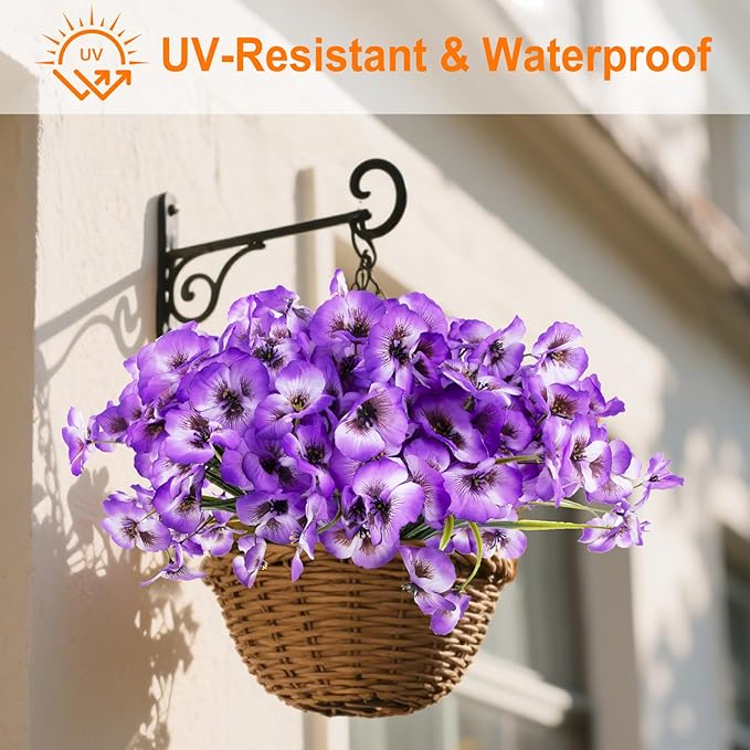 ZAIYW 18 Bundles Artificial Flowers Outdoor Fake Flowers Pansies Faux Artificial Plants for Planter Porch Yard Home Decor (Purple White)