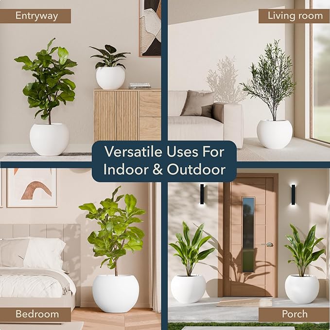 16" H x 20" D Premium Globo Fiberstone Round Planter with Drainage Hole, Smooth Finishes, Weather Resistant for Indoor and Outdoor Use, Included 2 Extra Coco Mats (White, 13.5" Pot Opening)