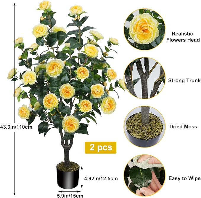 3.6FT Artificial Camellia Fake Tree, Artificial Plants & Flowers with 32 Yellow Flowers for Door Front Decoration Porch Patio Living Room Office Indoor Outdoor Decor (2PCS Contains Faux Moss)