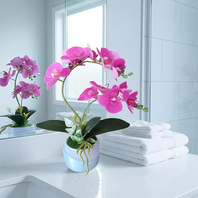 Artificial Orchid with 3D Printed Vase, Lifelike Fake Phalaenopsis Orchid Flowers, Realistic Silk Orchids for Home Decor Living Room, Deep Purple