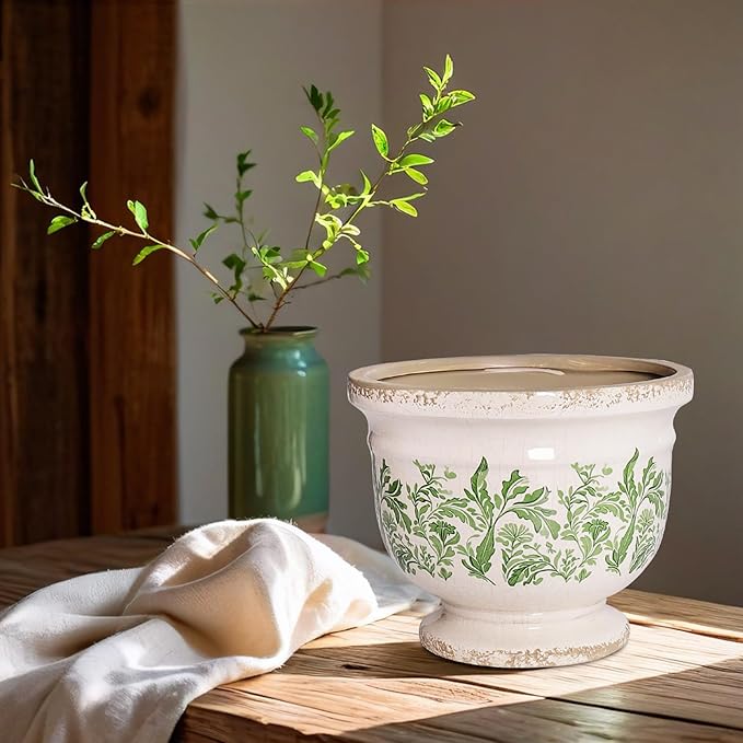 Vintage Ceramic Ice Crack Flower Pot with Drainage Hole Large Rustic Planter for Indoor and Outdoor Unique Antique Pastoral Pot Gardening Gift for Valentine's Day, Home Decors
