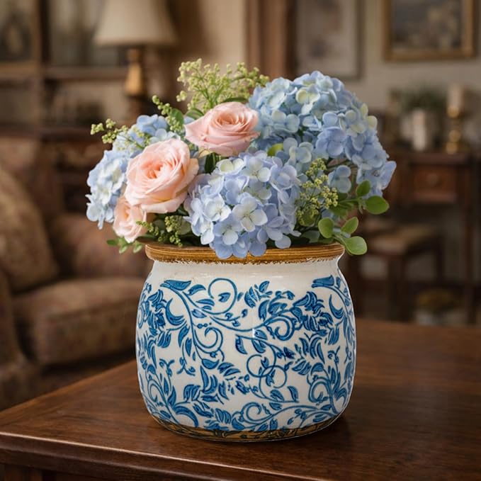 Vintage Ceramic Flower Pots - Indoor Outdoor Planters with Drainage Holes & Filter Screen, 6.5’’& 9’’ Rustic Farmhouse Decorative Plant Pots for Garden/Patio (Blue Vines, Small to Large Bundle)