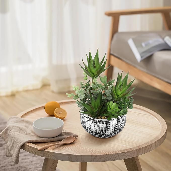11” Large Succulents Aloe Plants Artificial in Ceramic Pots Potted Faux Succulent Eucalyptus Arrangement with Black Bowl Pots Fake Desk Succulents Plants for Home Bathroom Shelf Table Indoor Decor
