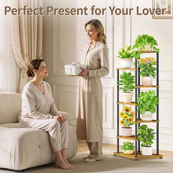 LASZOLA 6 Tier Tall Wood Plant Stand Indoor, Heavy Duty Corner Plant Rack for Large Planters, Multi Level Vertical Metal Flower Holder Display Shelf for Living Room Patio Balcony Garden, Rustic Brown