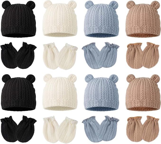 Newborn Baby Girl Hats Mittens Set Cotton Hospital Bow Hat Beanies Caps Gloves for New Born Girls 0-6 Months