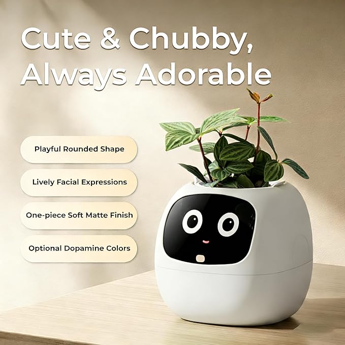 Smart Pet Planter, Smart Plant Pot, With Artificial Intelligence, Time Weather Display, And Multiple Expressions Animation,Lovely Plant Companion, For Desktop Decoration, Gifts,Plant-Free (Ivory)