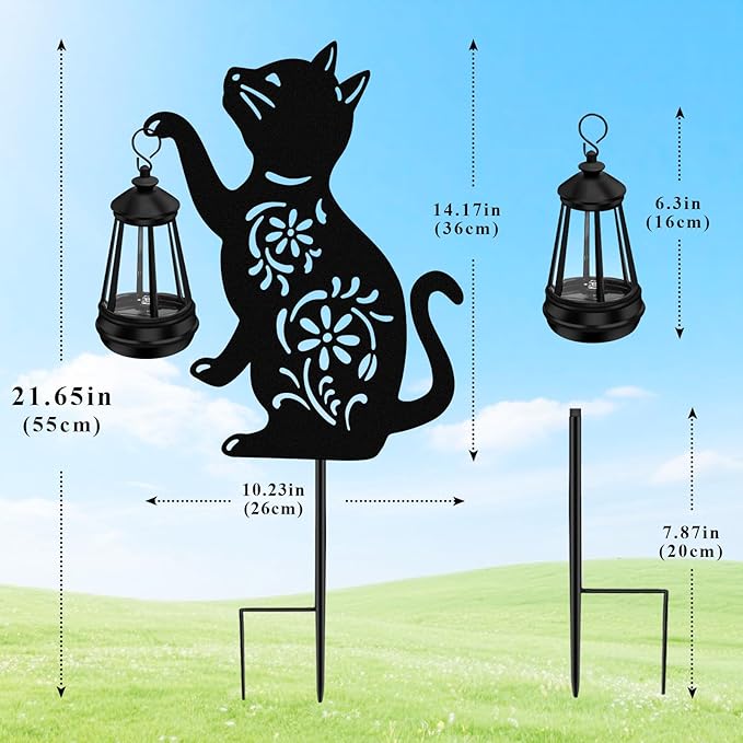 ZFNN Solar Garden Statues Cat Decor - Outdoor Metal Lantern Silhouette Stake, Waterproof Solar Lights for Yard Patio Lawn Pathway Art Decoration, Unique Gardening Gifts for Women Mom Cat Lovers 2Pack
