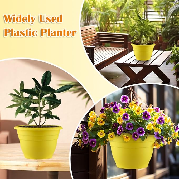 3 Pack 11 Inch Plant Pots for Indoor Outdoor,Plastic Floor Planters with Drainage Holes,Lightweight Flower Pots for Home,Patio & Garden(Yellow)
