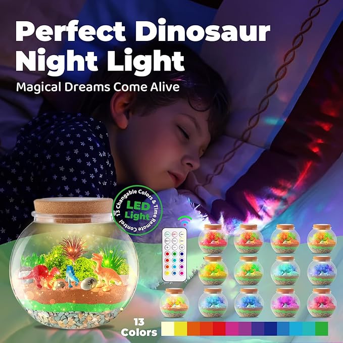 JOYEEMAX Dinosaur Light-Up Terrarium Kit for Kids - LED Night Light Birthday Gift for Boys Ages 4 5 6 7 8-12 Year Old - Dinosaur Toys for Boys - DIY Arts and Crafts Kit for Kids