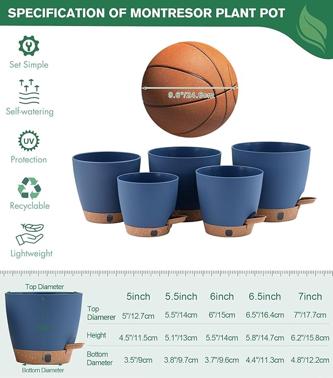 montresor 5-Pack Reservoir & Drainage Plastic Flower Pots (5/5.5/6/6.5/7 Inch) – Ocean Blue Indoor Planters with Wick System for Peace Lily, Fern, Spider Plant
