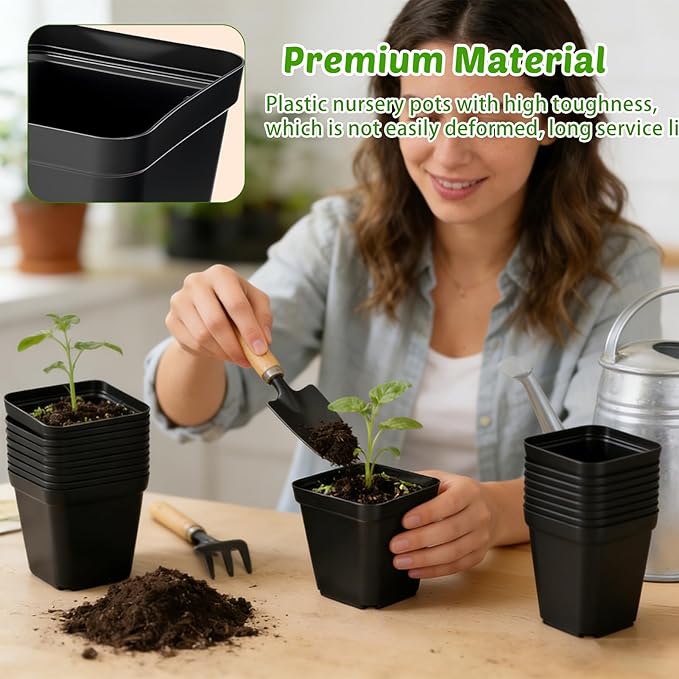NNG 2.6 inch 100 Pcs Black Square Nursery Pots with 5 Pcs Plastic Seed Starting Trays,Plant Propagation Starter Kit Square Seed Starting Pots with Drain Holes