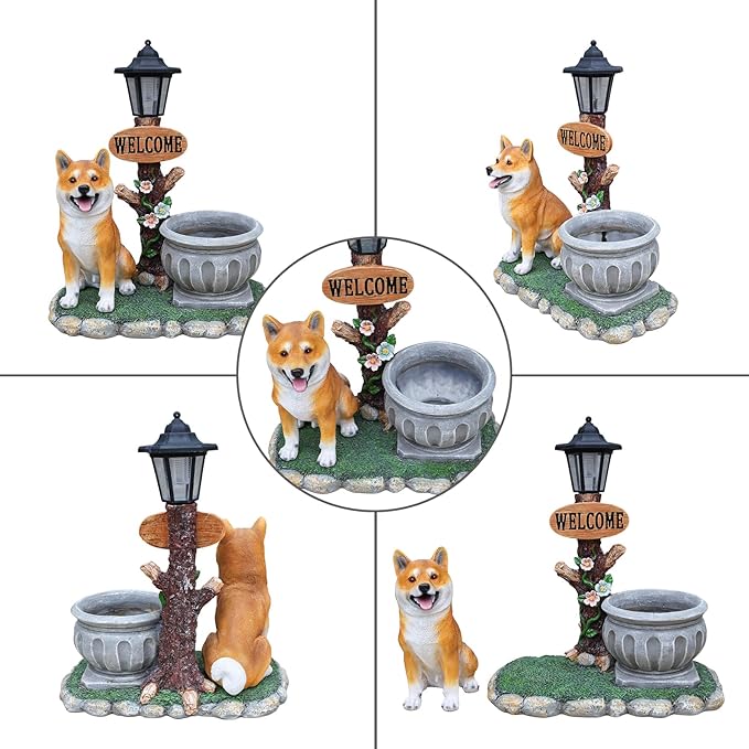 Animal Outdoor Statue Planter Solar Light Welcome Garden Sculpture Resin Flower Pot Decorative Porch Patio Yard Lawn Entryway Figurine with LED Lamp Rustic Plant Holder Ornament Courtyard (K)