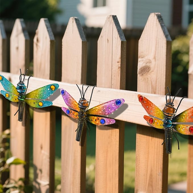 3pcs Dragonfly Decorations for Flower Pots, Colorful Metal Hanging Dragonfly Ornaments Plant Decorations Pot Huggers for Garden Yard Fence Outdoor Decor