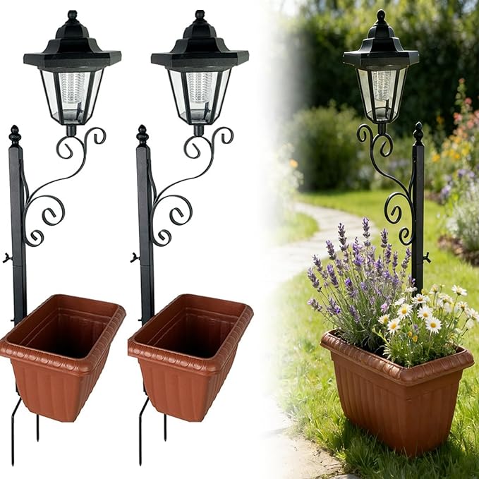 Solar Floor Lamps with Planter (2-in-1 Design), Solar Lamp Post Light with Planter with Posts, Ground Stakes, Planters, & Wall Mount Hardware, Outdoor Lights for Patio, Porch, Deck, Yard (2pcsBrown)