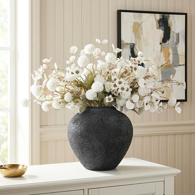 20pcs White Artificial Flowers Bulk For Vase That Look Real, White Flower Centerpiece For Table, Silk Floral Home Decor Indoor, Faux Kiku + Eucalyptus Stems + Wildflowers, Flores Blancas Artificiales
