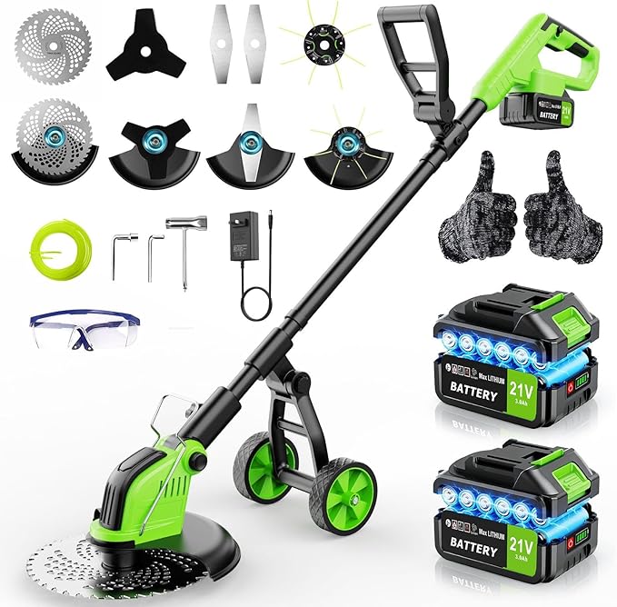 12" Stringless Weed Wacker Cordless Eater, 20000 RPM Powerful Battery Powered Trimmer Edger Lawn Tool, 21V 6000mAh Electric Wheeled Lawn Edger with Blades, Foldable& Lightweight Design Brush Cutter