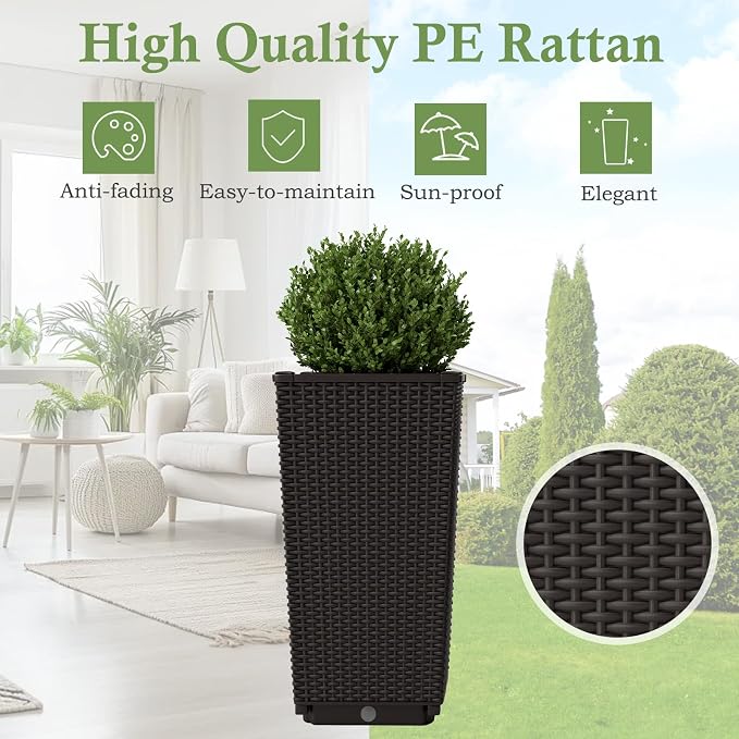 Giantex Set of 2 Outdoor Wicker Flower Pot, 23 Inch Tall Planters with Drainage Hole, Self-Watering Tray, Rattan Flower Pots, Indoor Outdoor Decoration for Front Porch Balcony Entryway (Dark Brown)