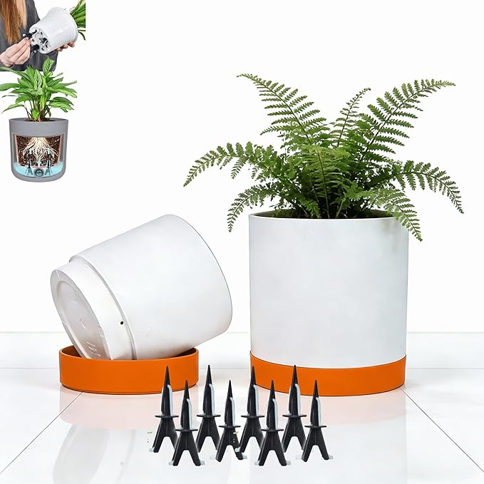 GreenShip Planter Set of 2 (13.8" & 11.8") – Cylinder Planters with Drainage Hole and Planter Saucer, Jun Porcelain Clay & Recycled Resin, Decorate Home,Office & Outdoor,White pots
