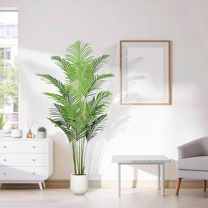 Artificial Palm Tree 6FT, Fake Tree Tall Fake Plant with White Planter, Artificial Tree Faux Floor Plant Artificial Plant Indoor for Home Office Living Room Decor