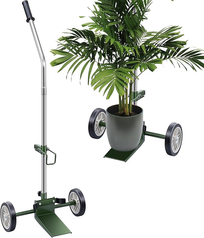 Potted Plant Mover Dolly with Flat-Free Rubber Wheels, Garden Pot Mover with Adjustable Grip, Max 200 Lbs Capacity, Plant Dolly Caddy Steel Baseplate Ergonomic Design for Carrying Heavy Pots