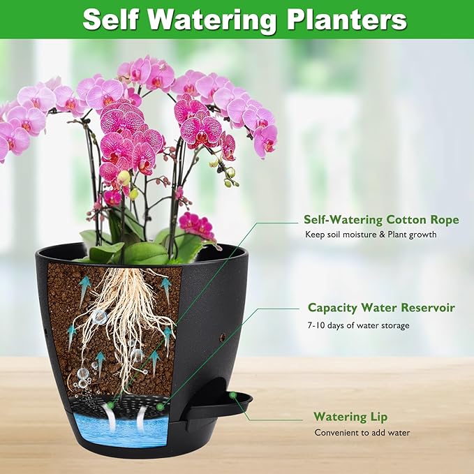 Vanslogreen 6 Inch Orchid Pots with Holes, 2 Pack Self Watering Planters for Orchids Plastic Orchid Pot Plant Flower Pots for Orchids Indoor Outdoor (Black)