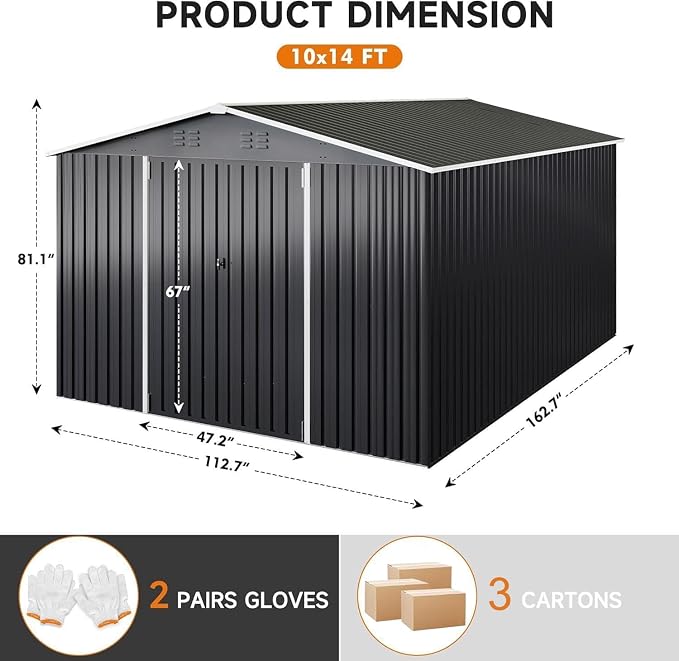 Polar Aurora 10 x 14 FT Outdoor Storage Shed, Metal Garden Shed with with Updated Frame Structure, Tool Sheds for Backyard Garden Patio Lawn, Black