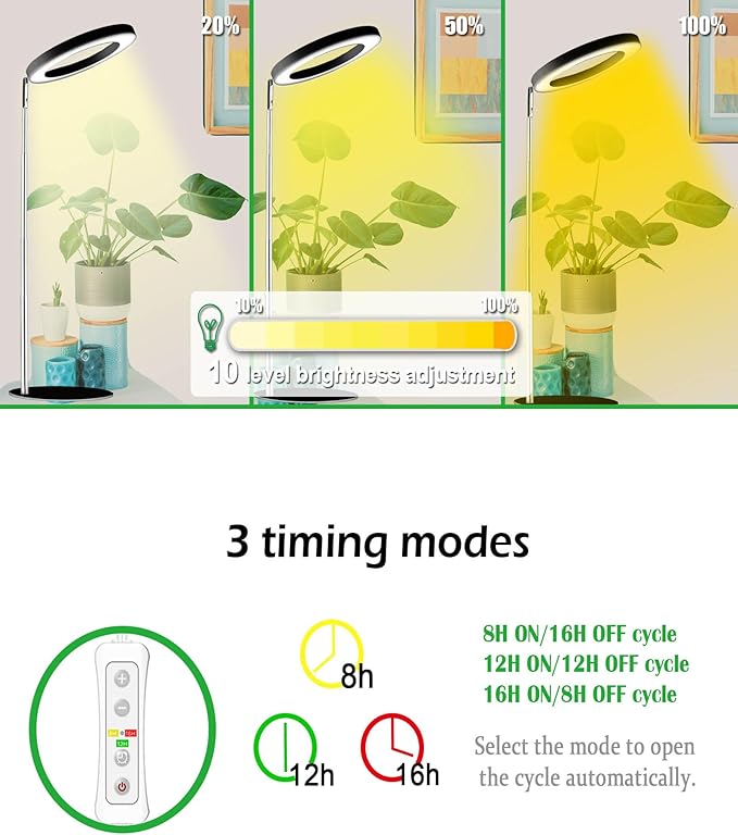 Yadoker 72 LEDs Full Spectrum Plant Grow Light for Indoor Plants，Height Adjustable, 6.3" Aluminum Housing,Automatic Timer with 8/12/16 Hours,10-Level Brightness,Black Plant Light,1 Pack