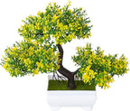 Mini Artificial Bonsai Tree Plants Artificial Plant Welcome Pine Tree with Plastic Cement Pots for Home Office Décor (Yellow)