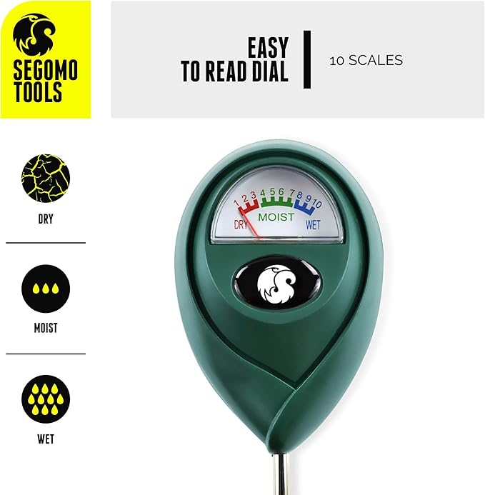 Segomo Tools Soil Moisture Meter - Plant Water Meter - Soil Moisture Sensor & Reader - Moisture Meter for House Plants, Gardens, Lawns & Farms - Soil Tester & Plant Care - Moisture Sensor - SMR01
