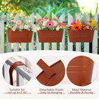 3 Pack Metal Railing Planters, 10.5" Oval Hanging Flower Pots with Detachable Hooks & Drainage Holes, Fits Rails up to 2.36", Galvanized Iron Fence Bucket for Balcony Garden Patio - Terracotta