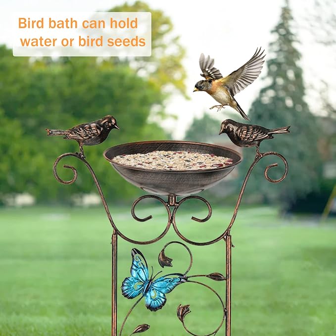 Bird Bath for Outside, Freestanding Birdbath and Trellis 2 in 1 | 43.5 In, Antique Iron, Rust-Proof, Decorative with Butterflies, Detachable Drinking Basin Bowl, Birdfeeder Station