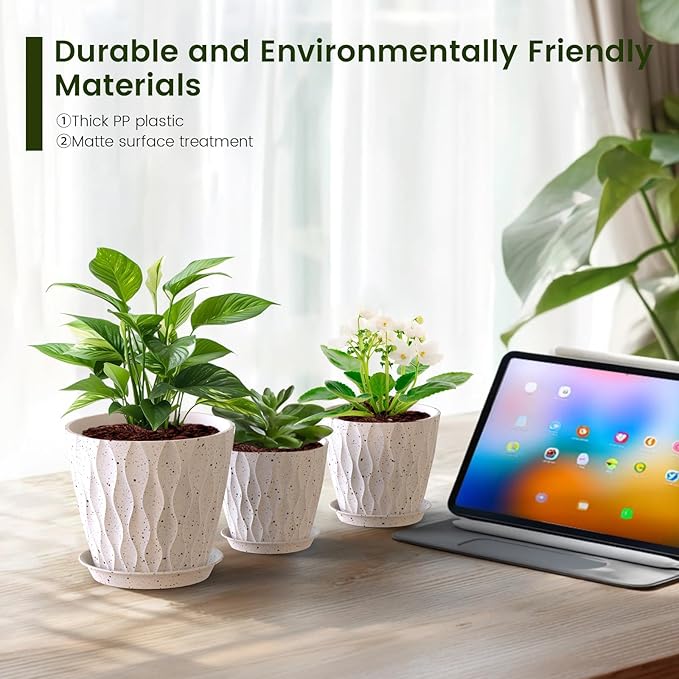 Meowell 7/6.5/6/5.5/5/4.5/4 inch Plant Pots for Indoor Outdoor Plants, 7 Pack Thick Flower Pots with Drainage Holes and Saucers, Modern Wave Texture Plastic Planters Nursery Pots, Speckled White