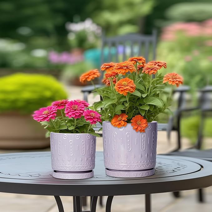10 Inch Planter, Ceramic Plant Pots for Indoor Outdoor, Round Pot for Plants with Drainage Hole and Sacuer, Boho Plant Pot, Decorative Flower Pots, Living Room Decor, Purple