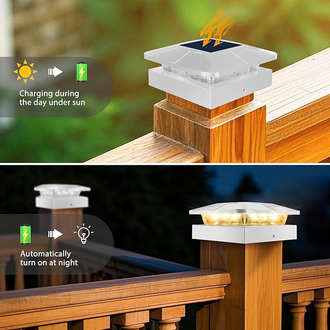 Peasur 6 Packs 4x4 Post Solar Lights with 3 Modes, Waterproof LED Solar Powered Cap Lights for 4×4/3.5×3.5 Wood/Vinyl Posts, White Post Top Lighting Outdoor for Fence Deck Mailbox Porch Railing