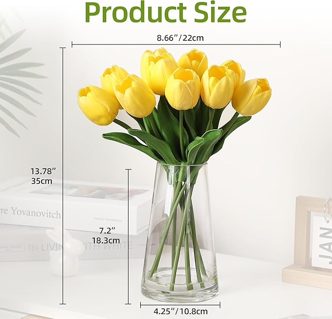 10 Pcs Artificial Tulips Flowers with Vase, Real Touch Faux Tulip Stems for Vase, Home Kitchen Wedding Dining Table Decorations, Ideal Gift for Mother's Day, Easter, Valentine's Day (Yellow)