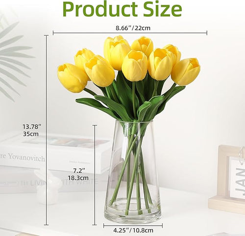 10 Pcs Artificial Tulips Flowers with Vase, Real Touch Faux Tulip Stems for Vase, Home Kitchen Wedding Dining Table Decorations, Ideal Gift for Mother's Day, Easter, Valentine's Day (Yellow)