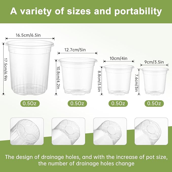 36 Packs 6.5/5/4/3.5 Inch Reinforced Clear Nursery Pots with Drainage Hole, Variety Pack High Transparency Plastic Seedling Plant Pot with 20 Labels