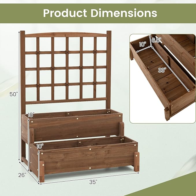 2 Pieces Raised Garden Bed with Trellis, 2-Tier Wooden Elevated Planter Box with Legs, Hemp Rope & Drainage Holes, Raised Plant Bed for Backyard, Garden, Lawn