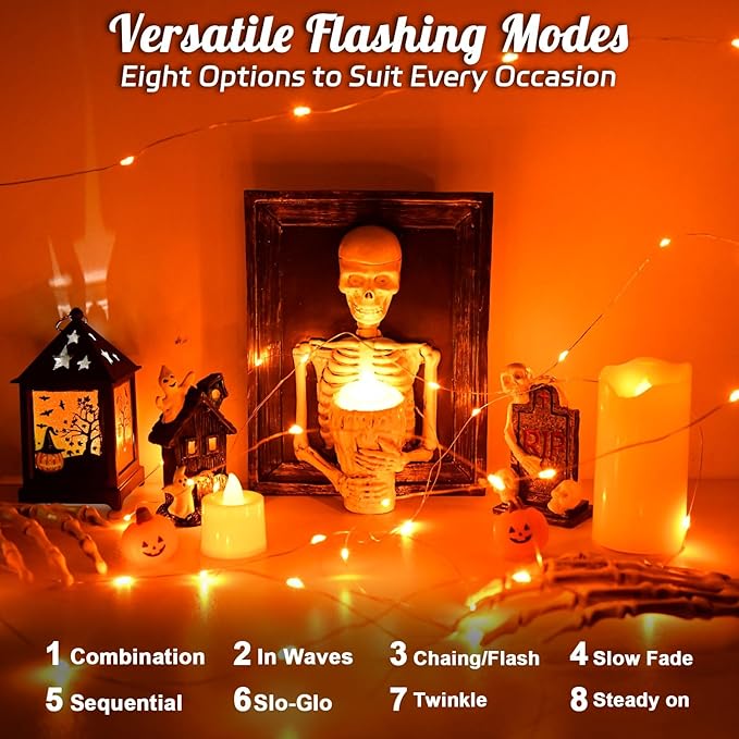 cshare Halloween String Lights Outdoor Waterproof, Orange Solar Fairy Lights 16.4ft 50LED 8 Modes Orange Fall Outdoor Lights for Fall Decor Outside Pathway Patio Party Backyard Decorations